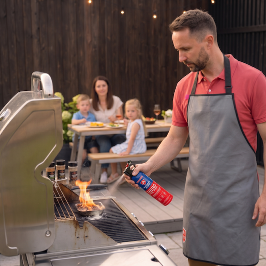 Prepared Hero grilling safety set with fire spray, blanket, and gloves on a white background
