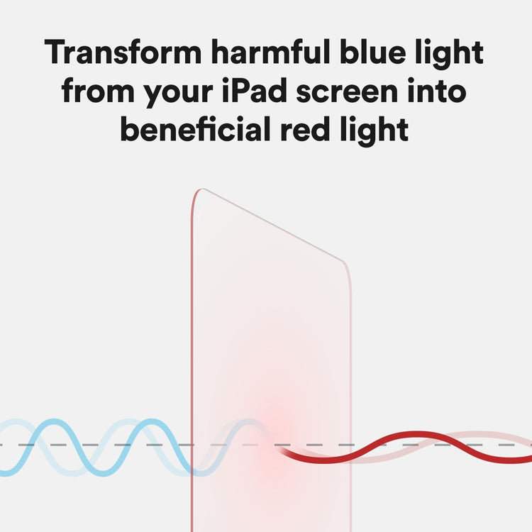 Diagram showing the transformation of harmful blue light into beneficial red light on an iPad screen.
