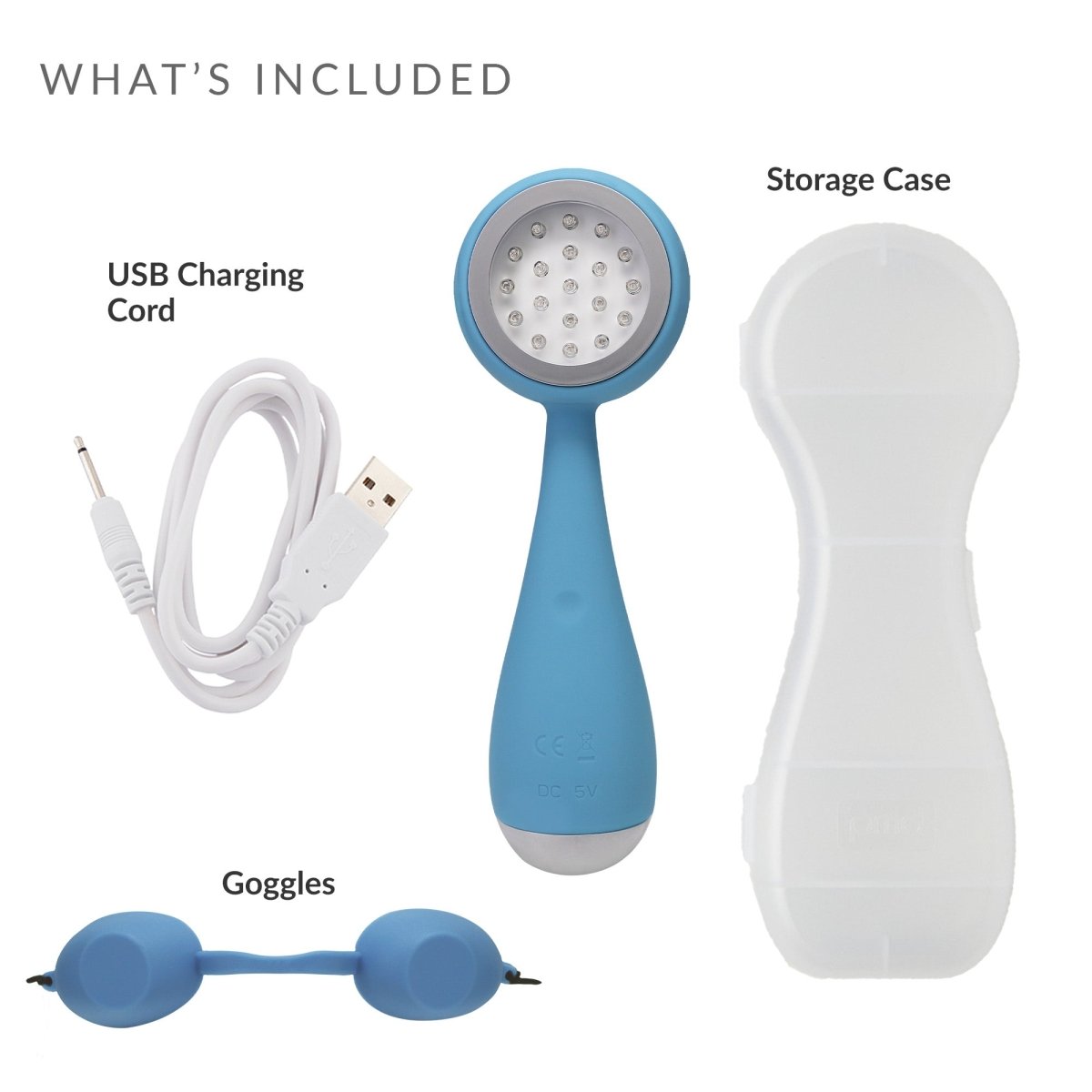 Product set with blue handheld device, USB charging cord, goggles, and storage case on a white background.