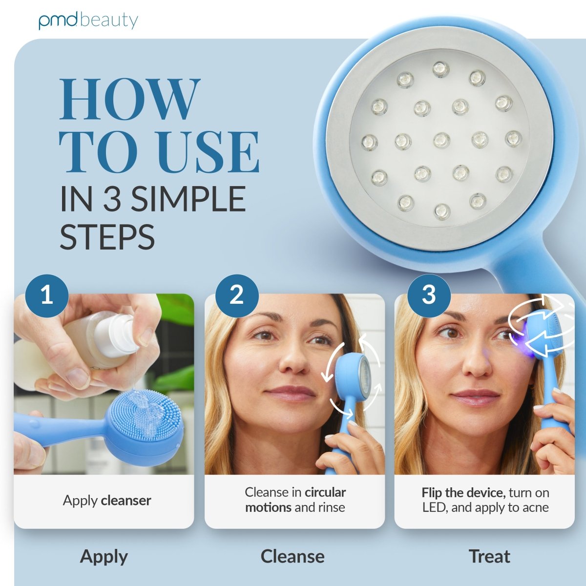 PMD Beauty device with instructions on how to use it in three simple steps.
