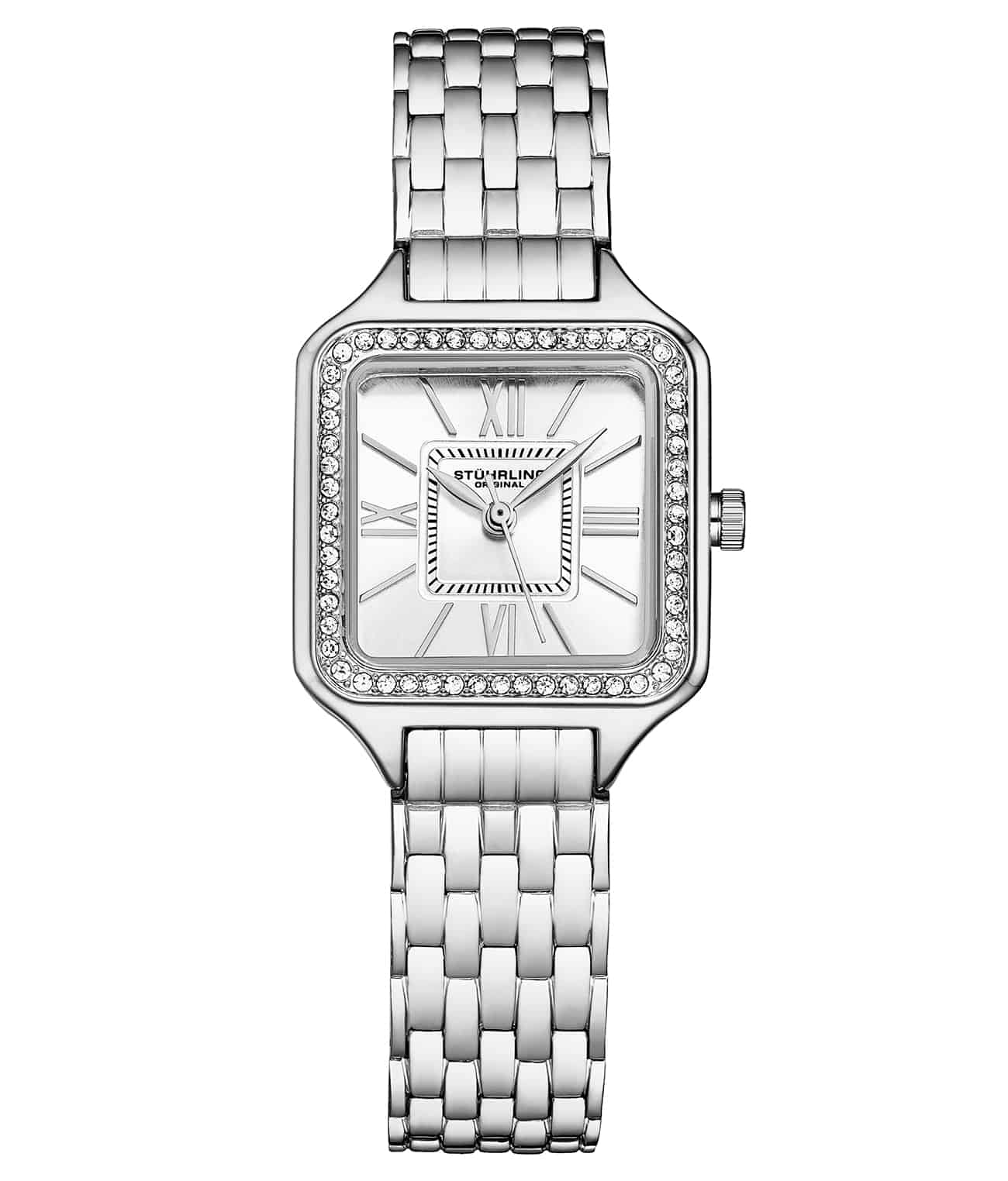 Silver watch with a square face and diamond-studded bezel on a white background