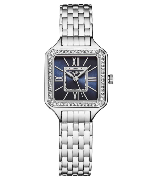 Silver watch with a blue face on a white background