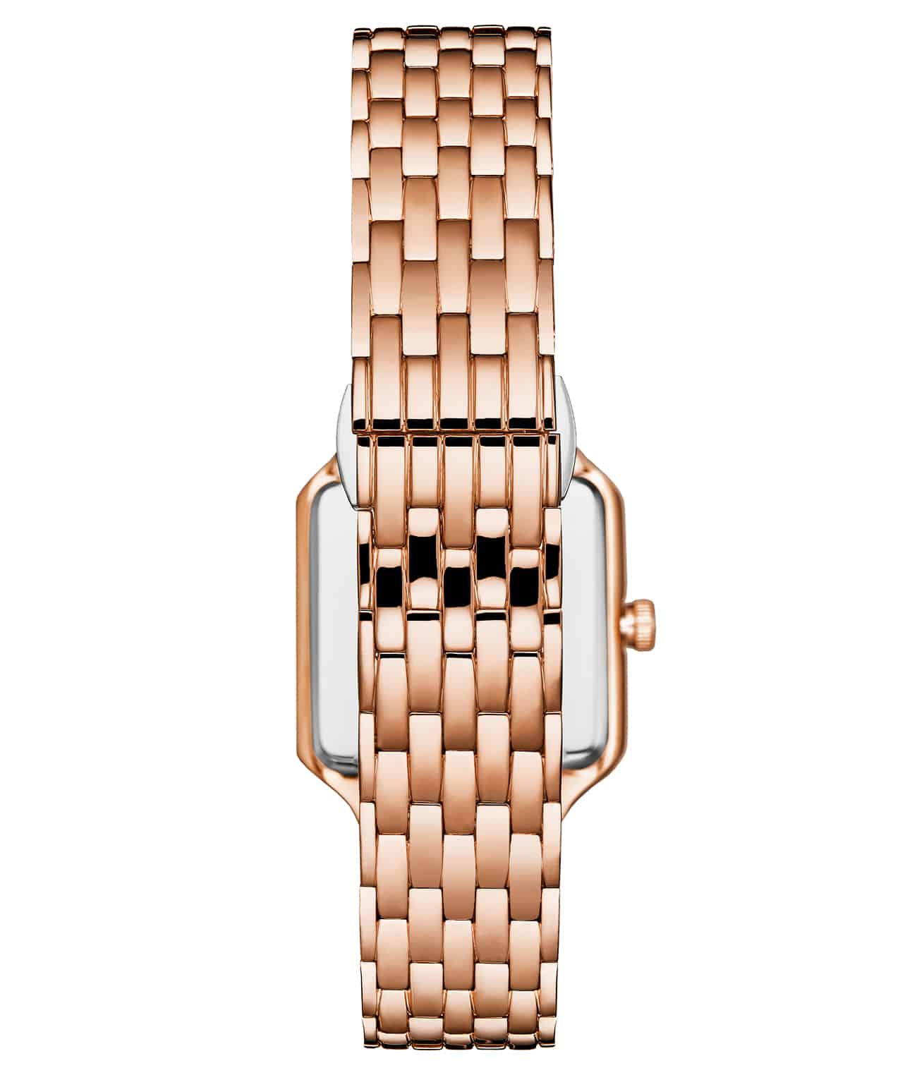 Rose gold watch with a woven strap on a white background