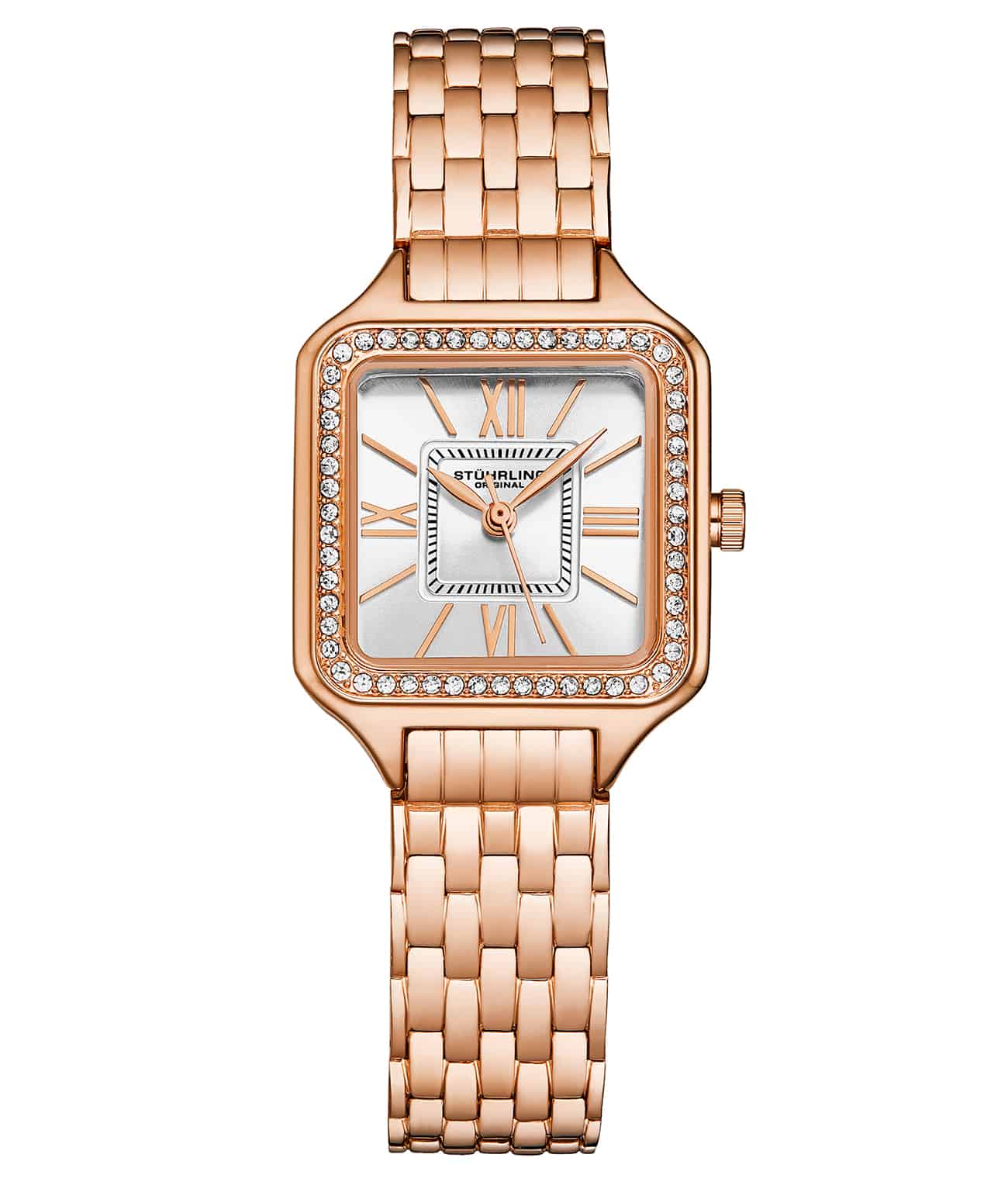 Rose gold watch with diamond-studded face on a white background