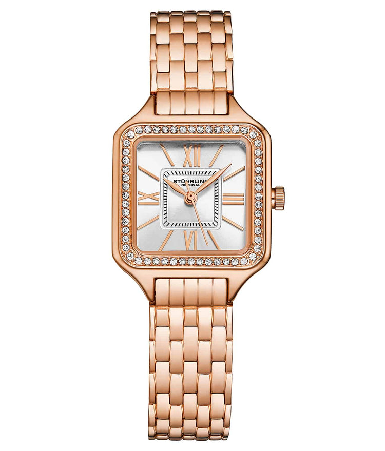 Rose gold watch with diamond-studded face on a white background