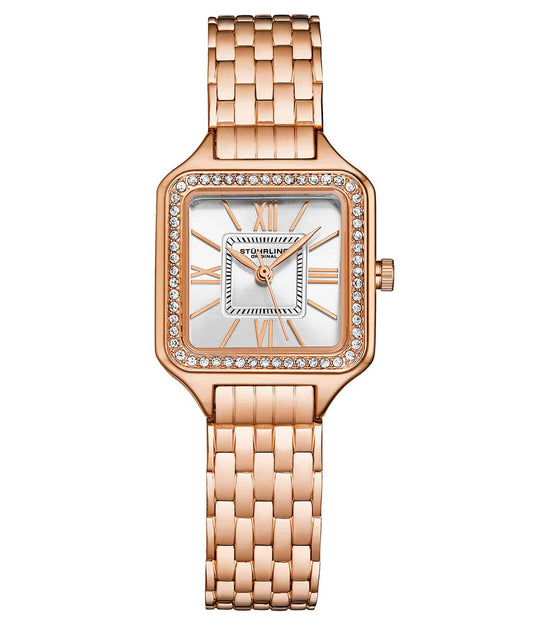 Rose gold watch with diamond-studded face on a white background