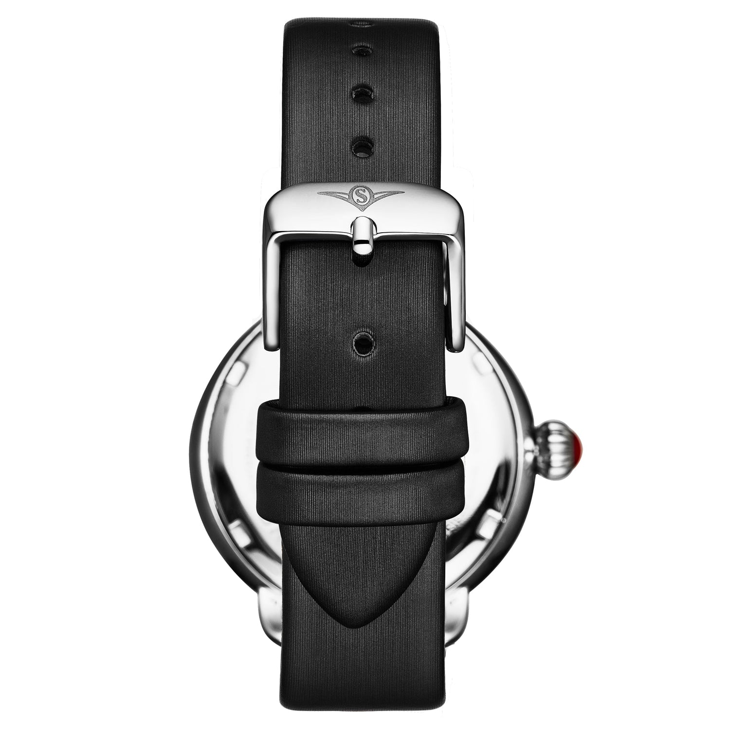 Watch with black strap and silver case on a white background