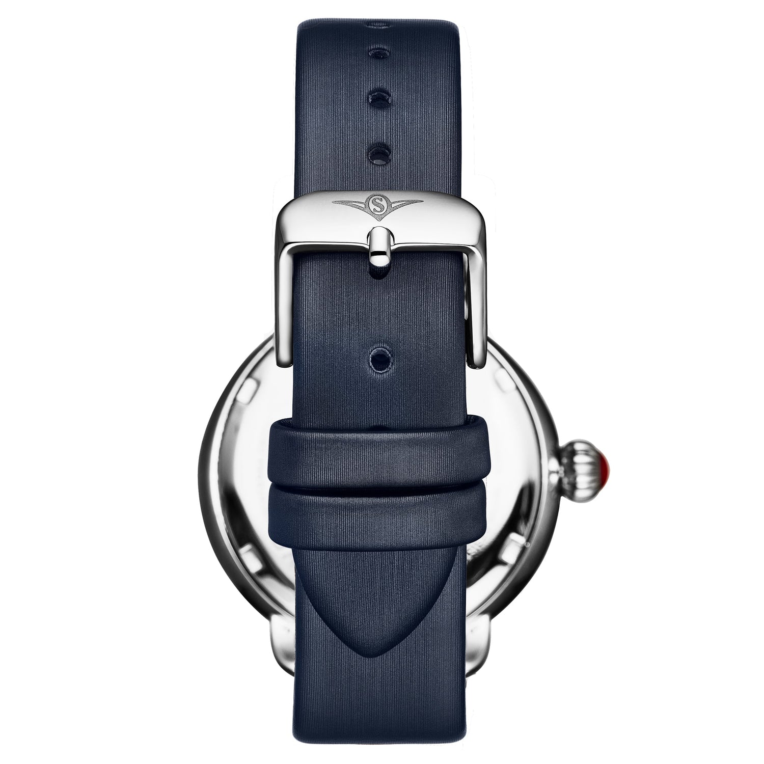 Watch with dark blue strap and silver buckle on a white background