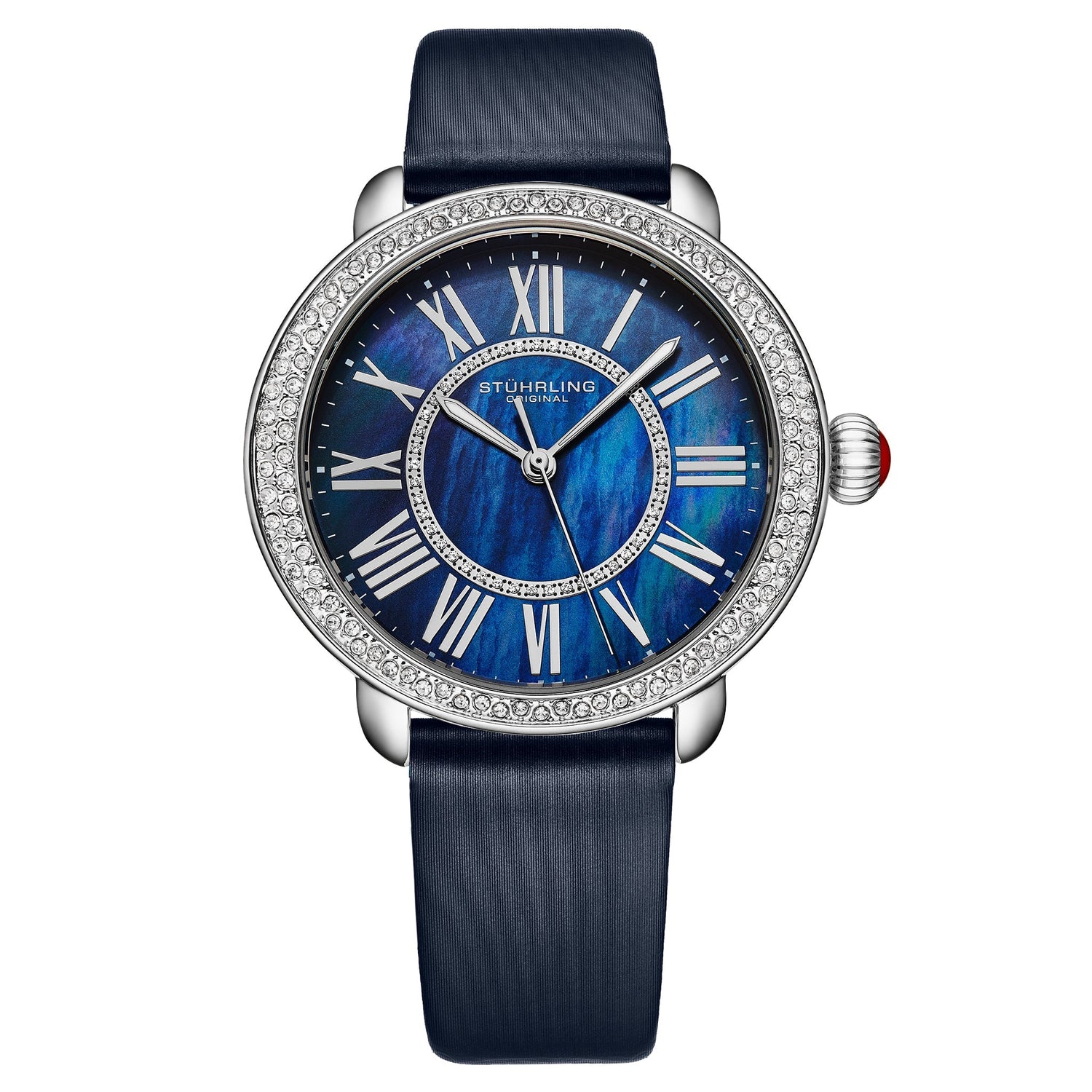 Stuhrling watch with blue face and dark blue strap on white background