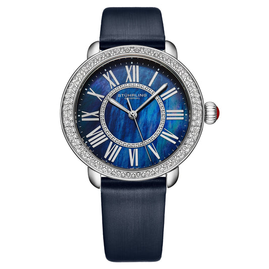 Stuhrling watch with blue face and dark blue strap on white background