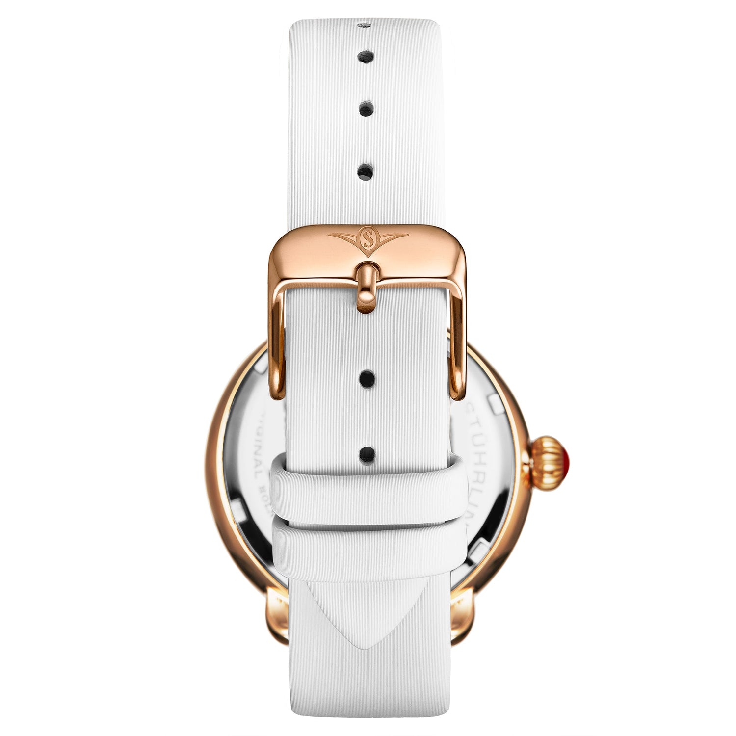 Watch with white strap and rose gold buckle on a white background