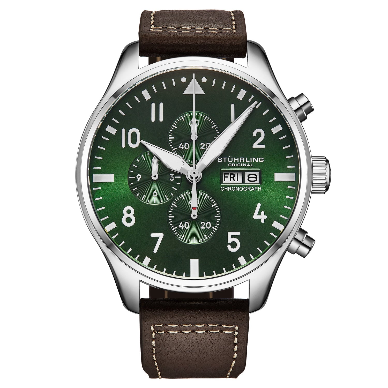 Stuhrling watch with green face and brown leather strap on white background