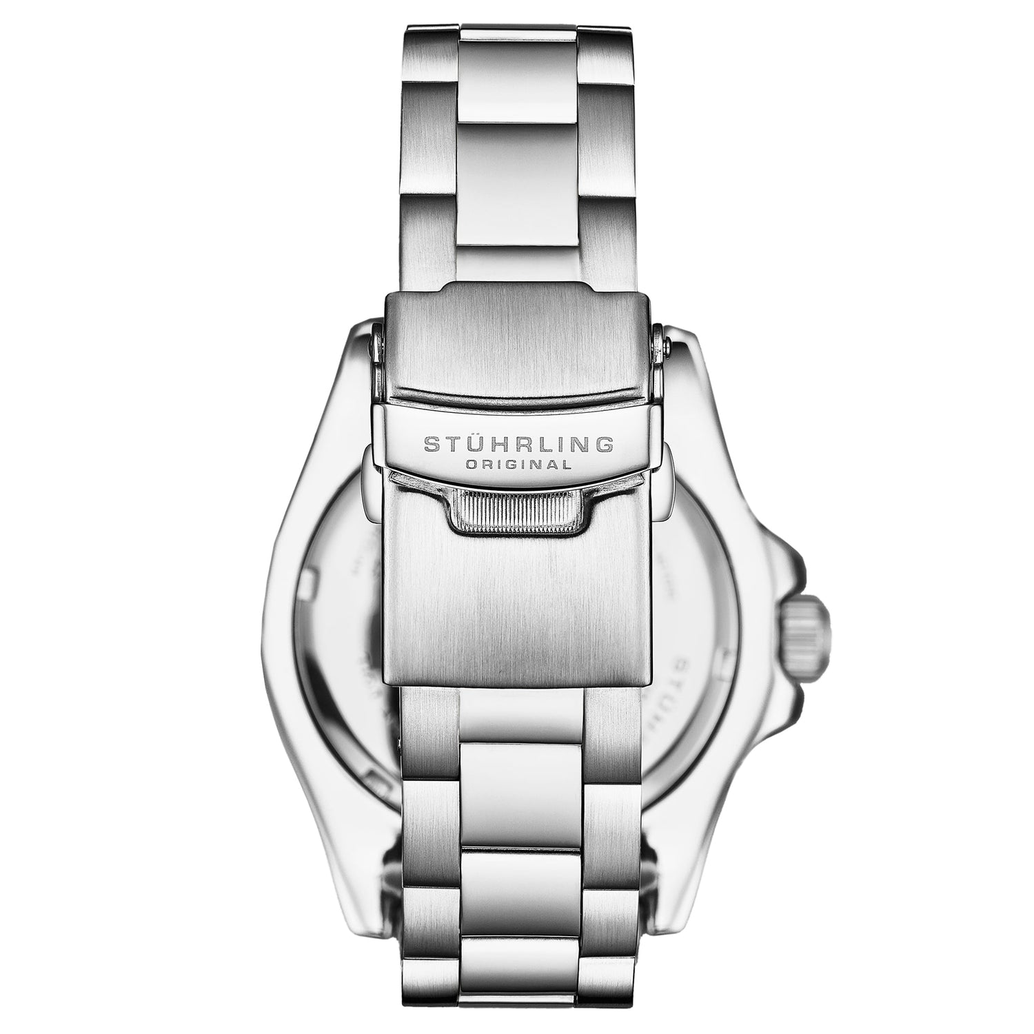 Stuhrling watch with silver metal bracelet on a white background