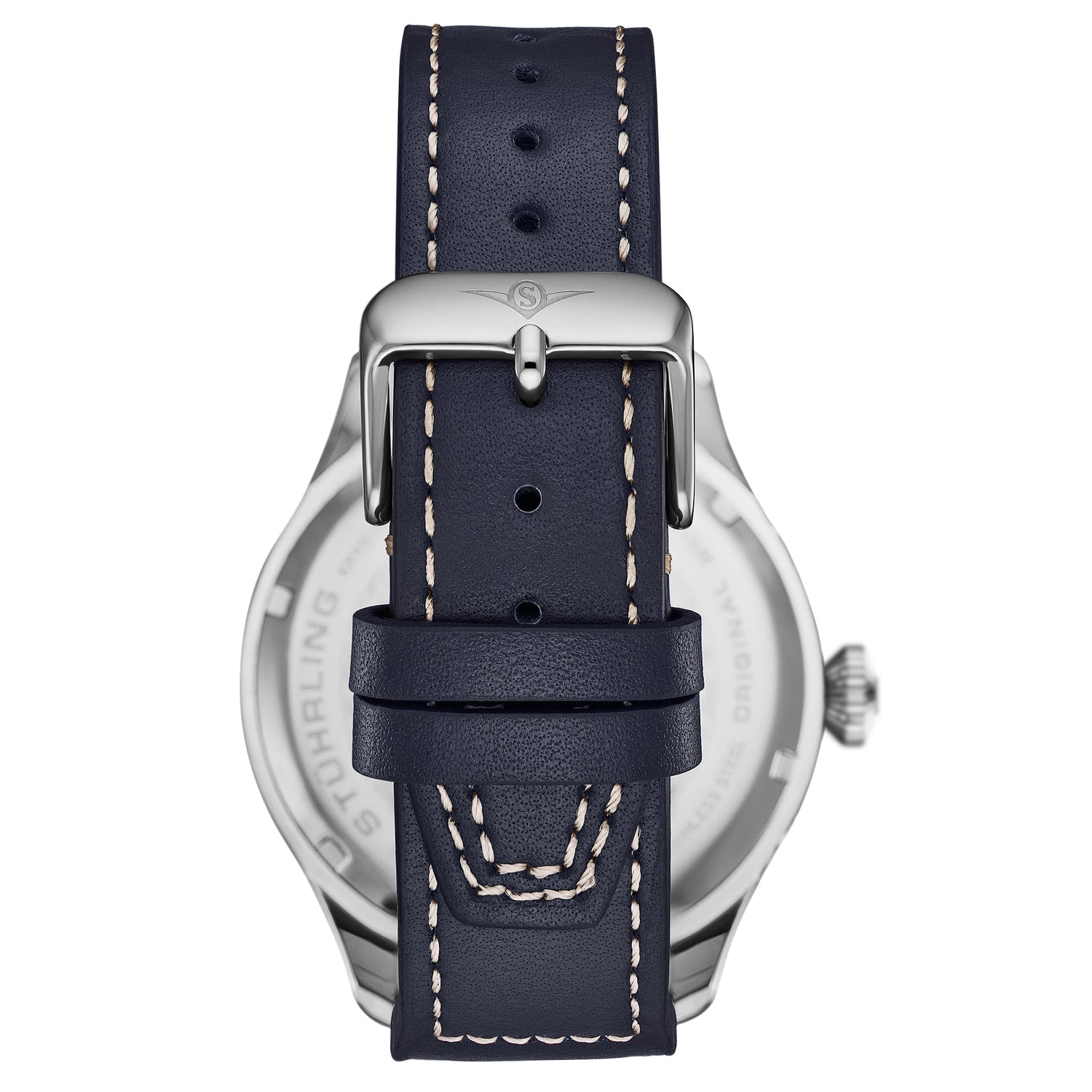 Watch with a navy leather strap on a white background