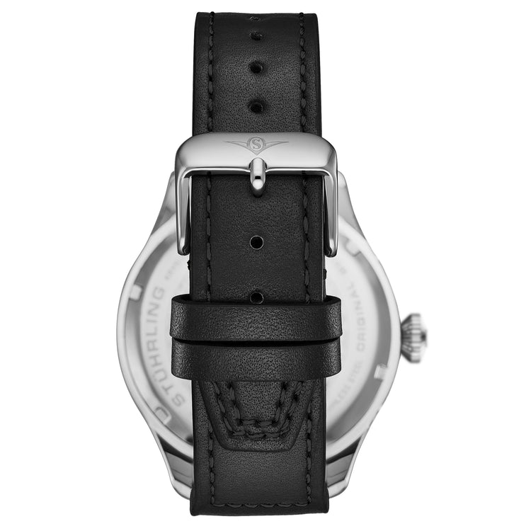 Watch with black leather strap and silver case on a white background