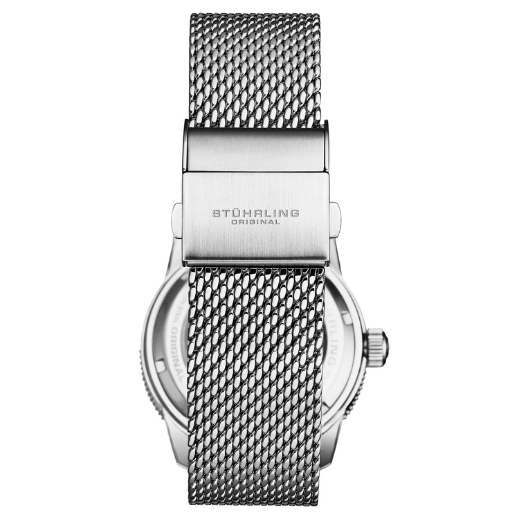 Stuhrling watch with silver mesh band on a white background