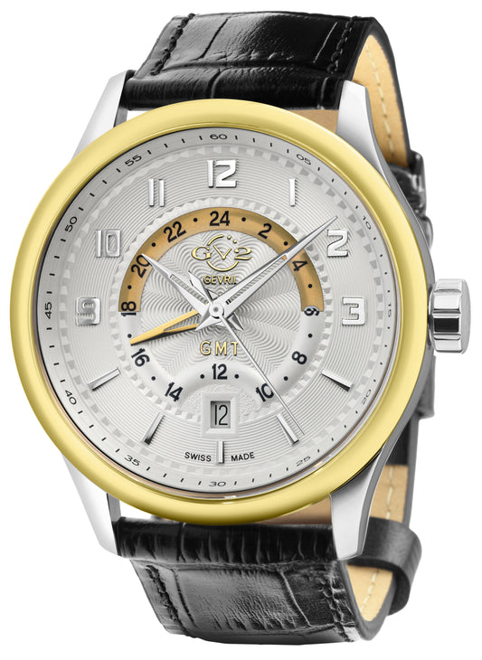 Luxury watch with black leather strap and gold and silver accents on a white background