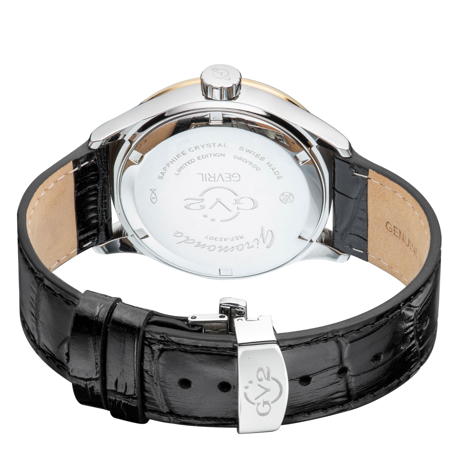 Close-up of a watch with a black leather strap and silver case on a white background