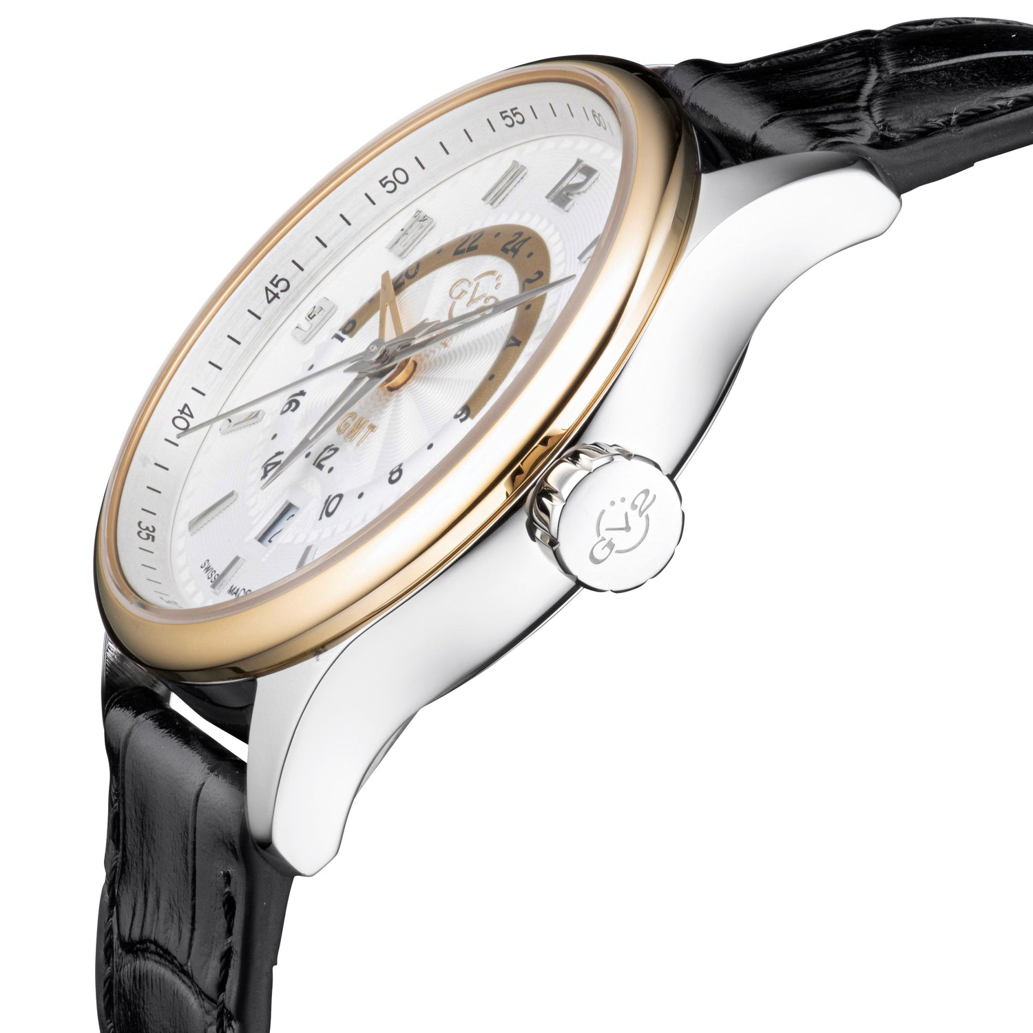 Luxury watch with black strap and gold and silver case on white background
