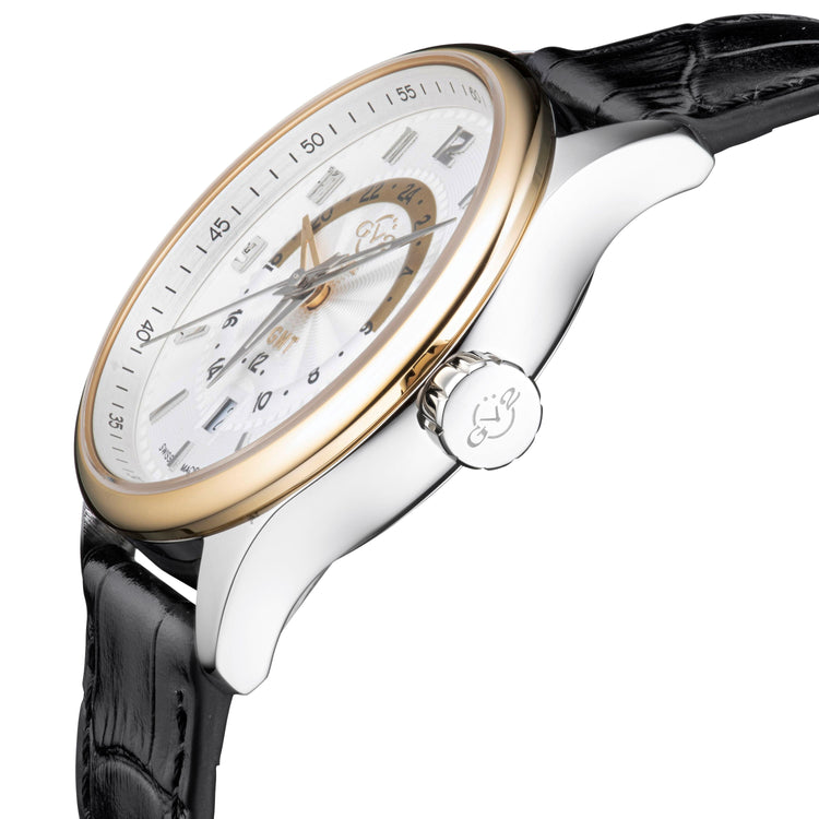 Luxury watch with black strap and gold and silver case on white background