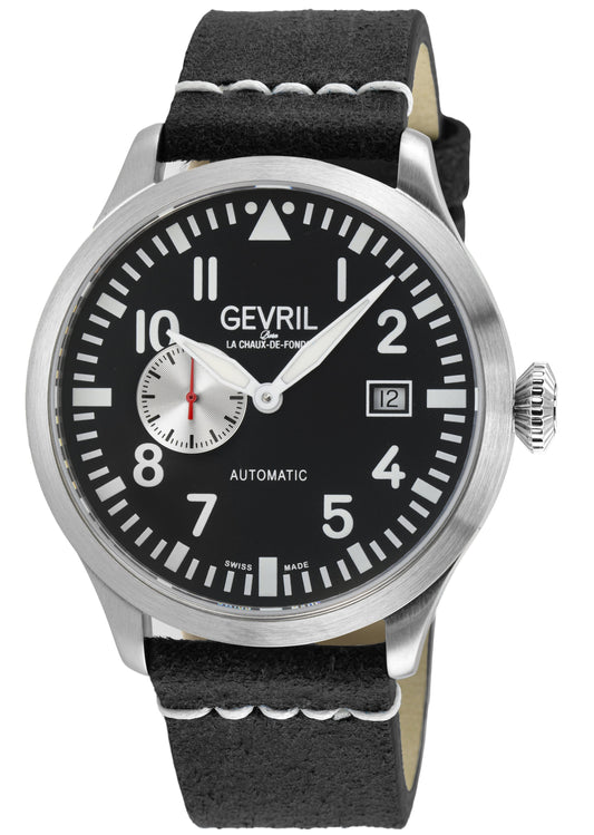 Gevril watch with black face and leather strap on a white background