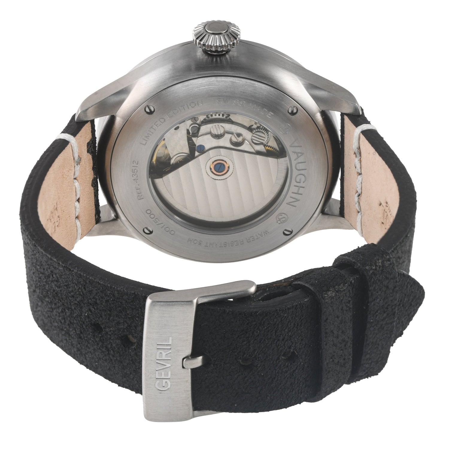 Watch with black strap and visible brand name on a white background