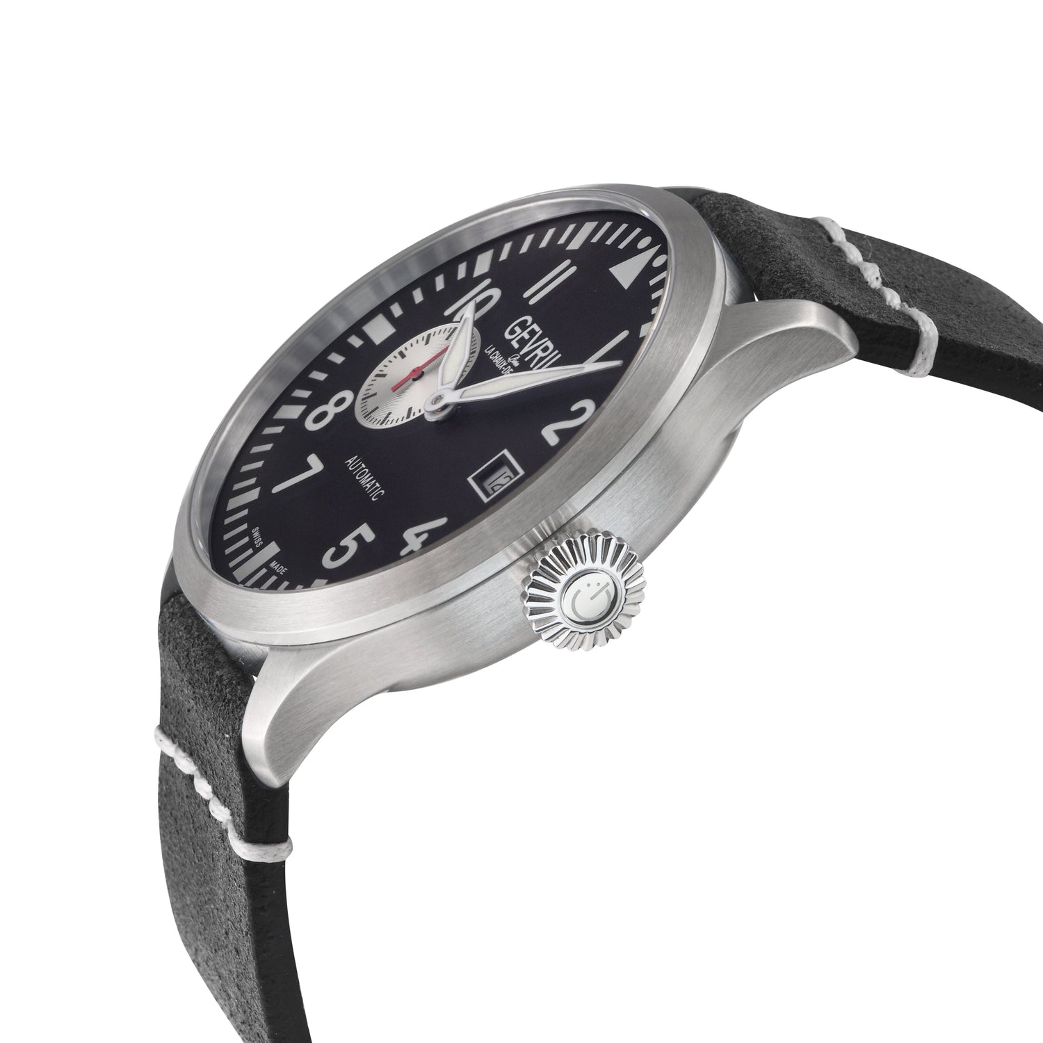 Watch with black dial and leather strap on a white background