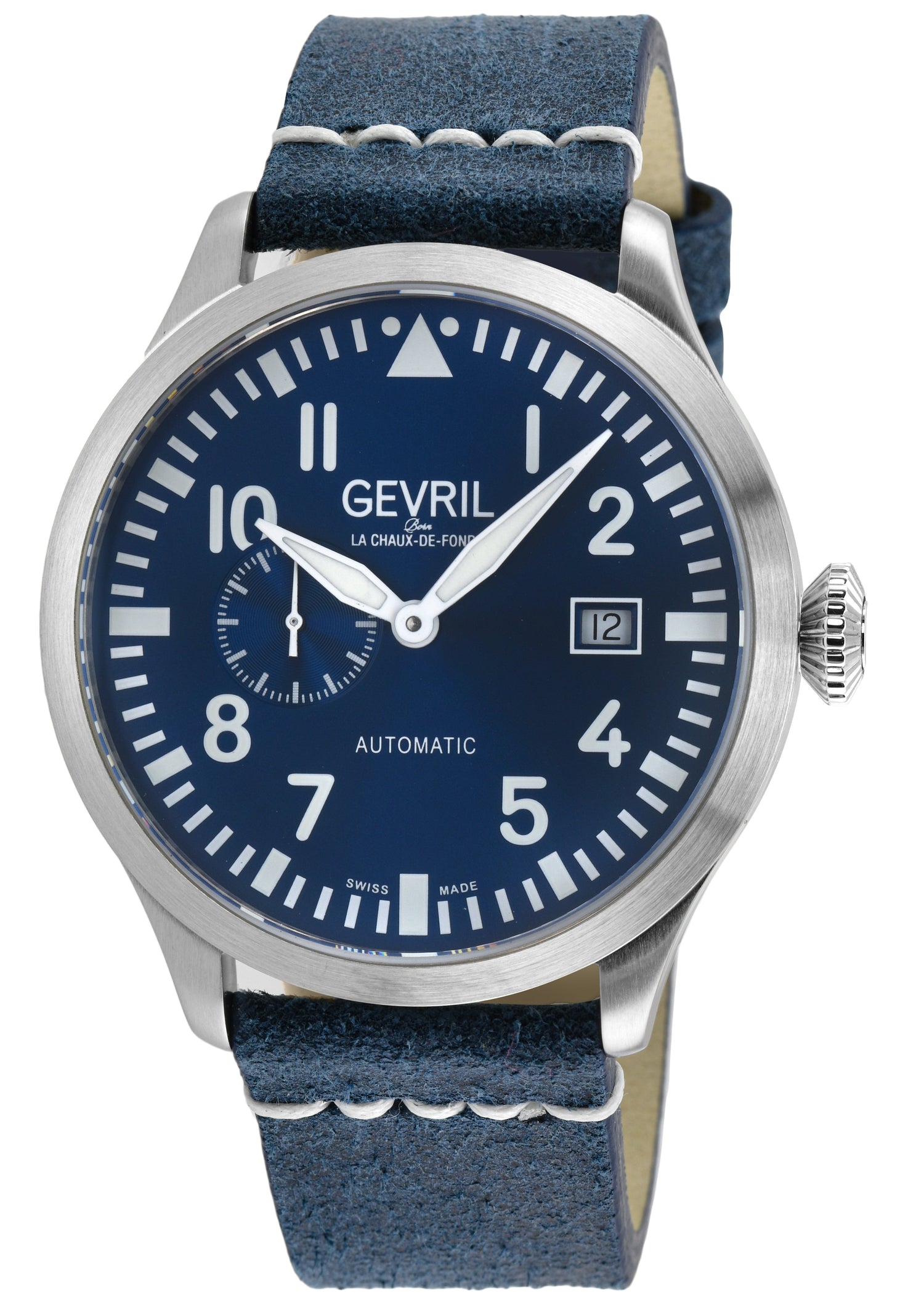 Gebrél watch with blue strap and blue dial on a white background