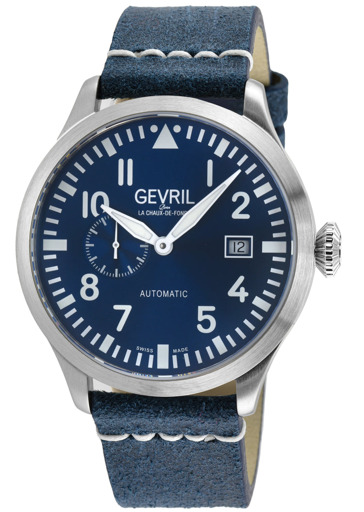 Gebrél watch with blue strap and blue dial on a white background