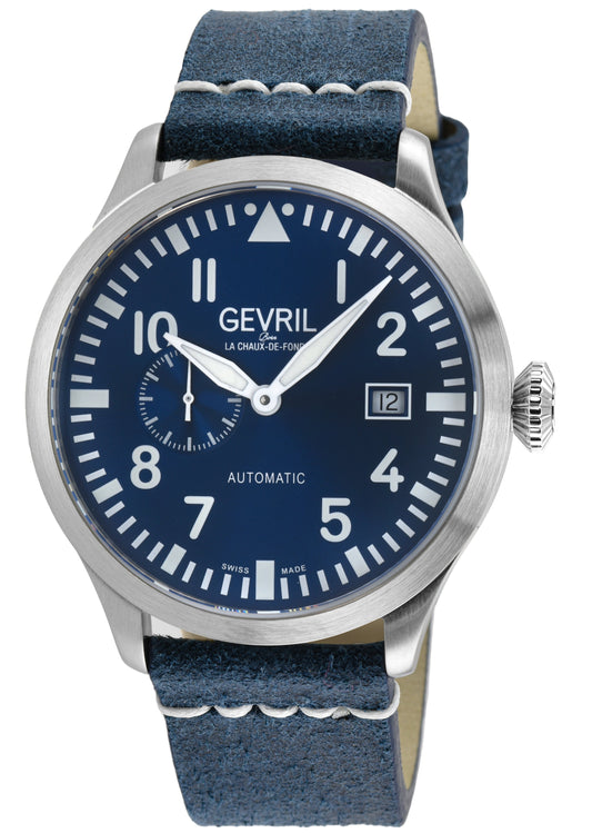 Gebrél watch with blue strap and blue dial on a white background