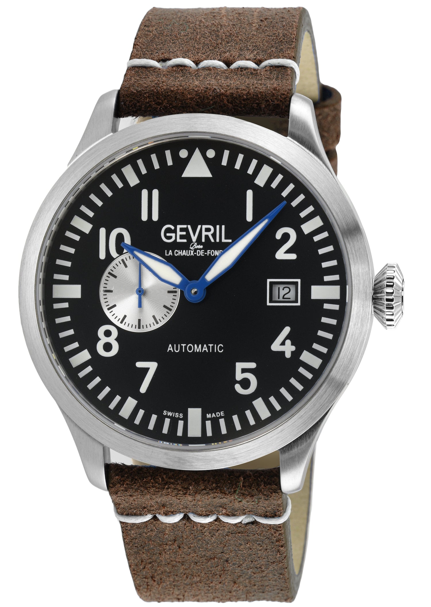 Gevril watch with brown leather strap and black dial on a white background