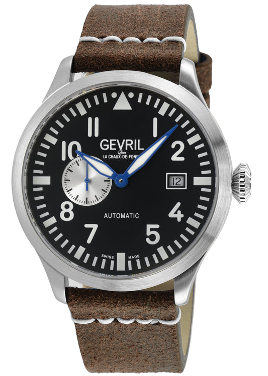 Gevril watch with brown leather strap and black dial on a white background