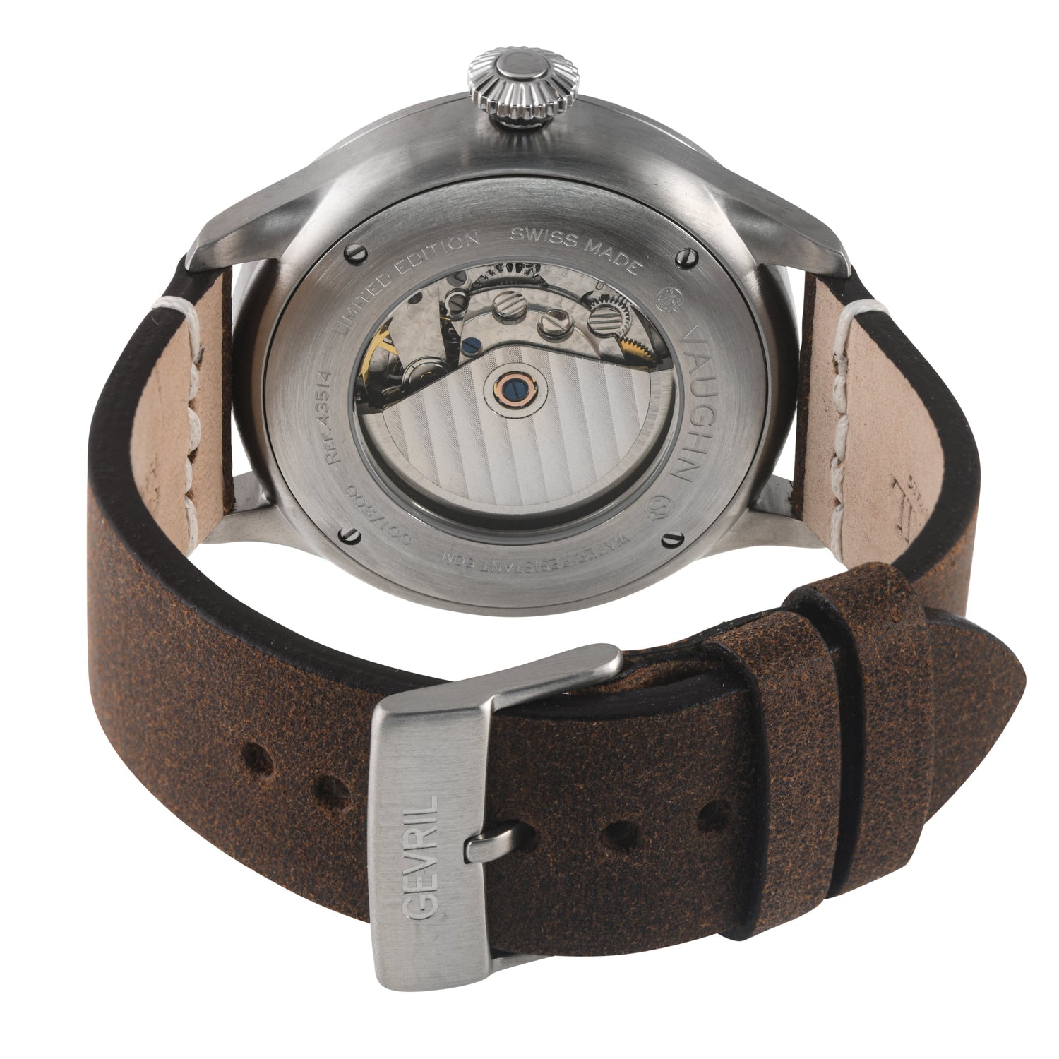 Watch with brown leather strap and visible mechanical components on a white background