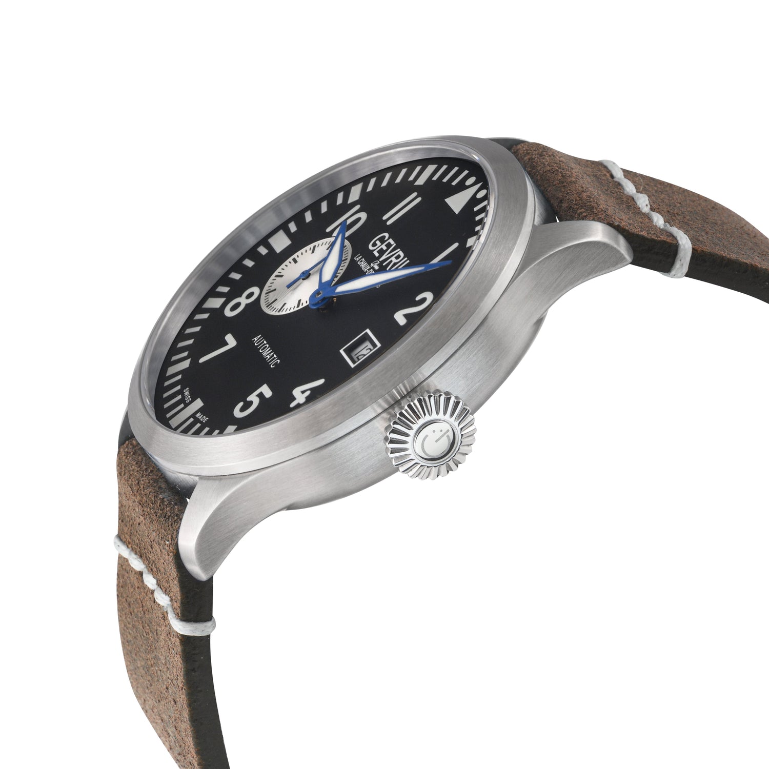 Watch with brown leather strap and black dial on a white background