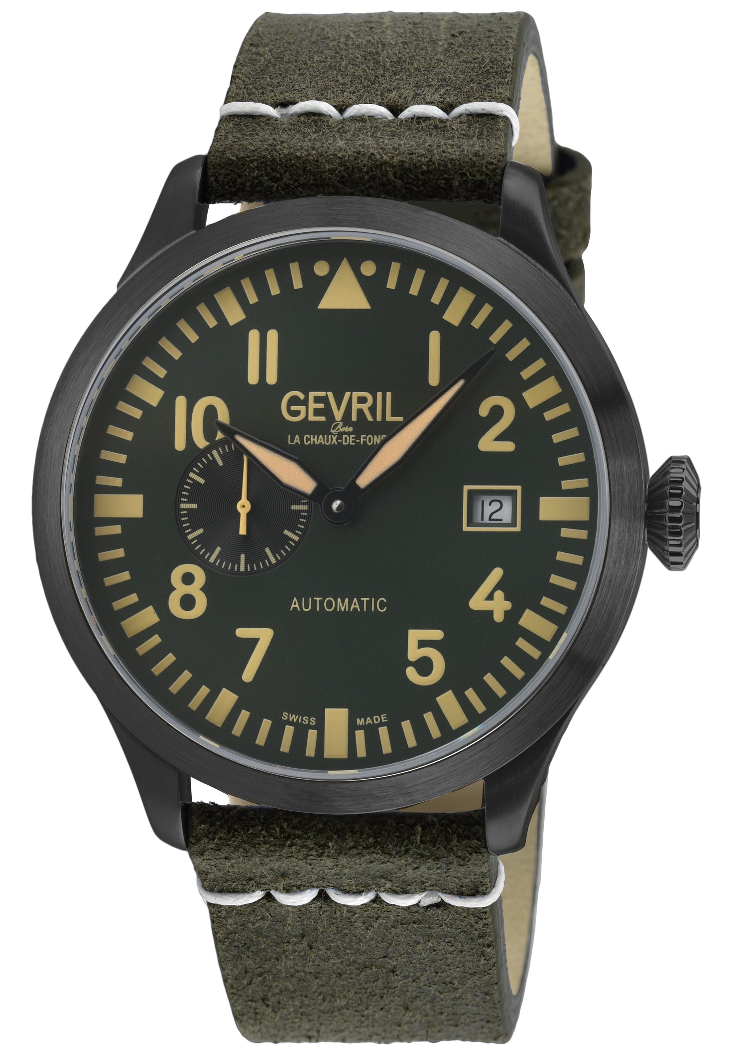 Gevril watch with green strap and black dial on a white background