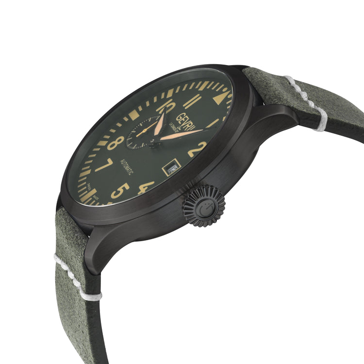 Wristwatch with green dial and gray strap on a white background