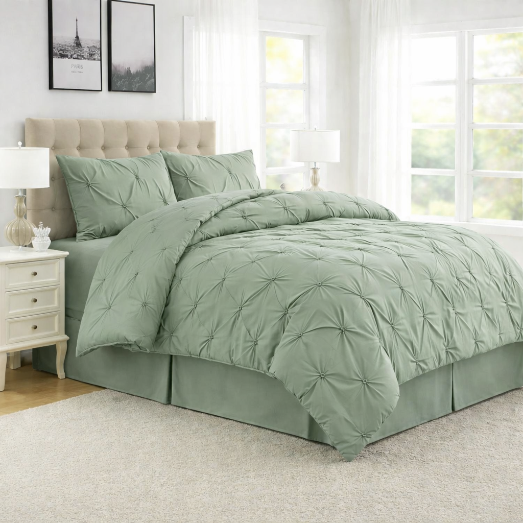 Green comforter set on a bed in a well-lit bedroom