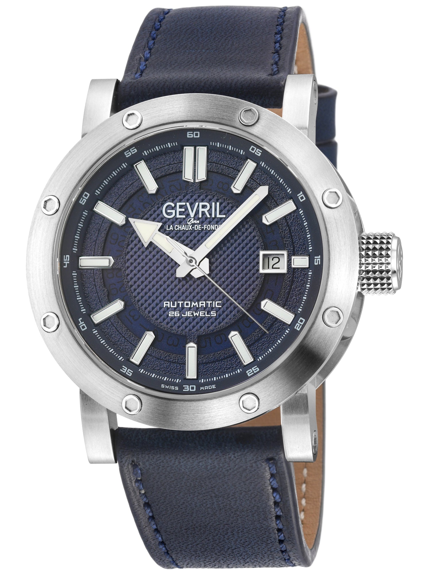 Gevril watch with blue strap and blue dial on a white background