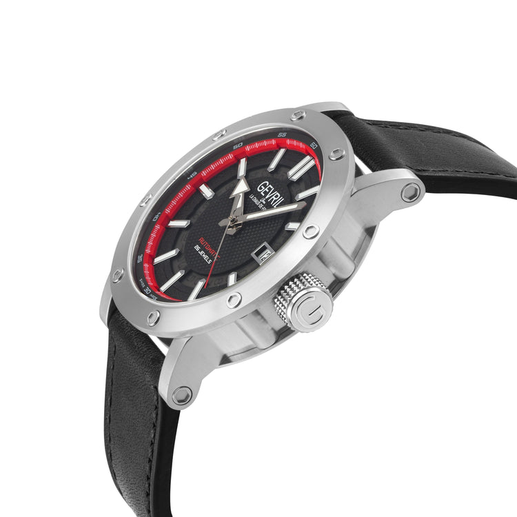 Watch with black strap, silver case, and red accents on a white background