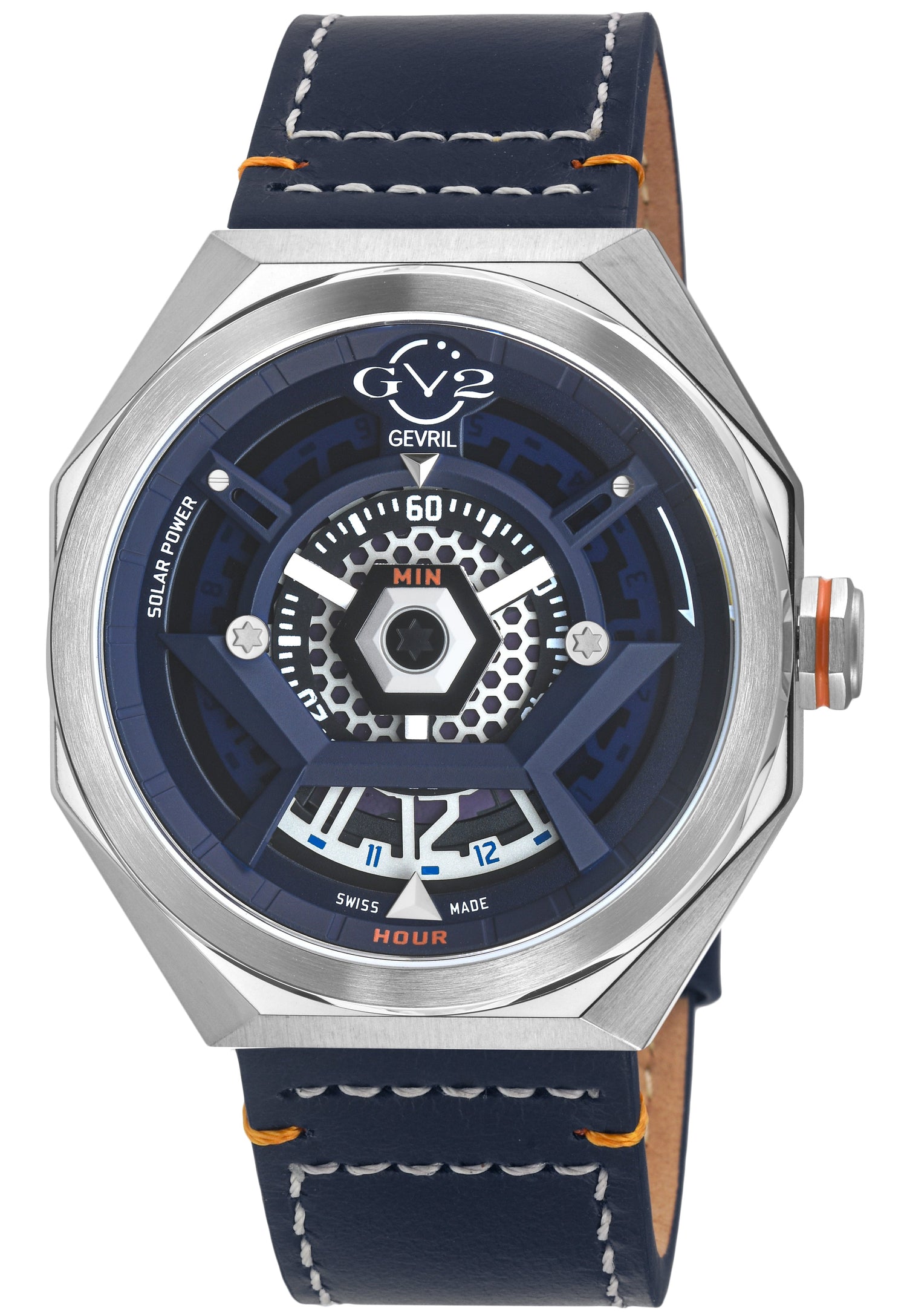 Watch with blue face and navy leather strap on white background
