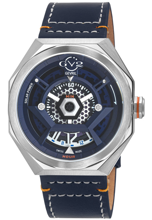 Watch with blue face and navy leather strap on white background