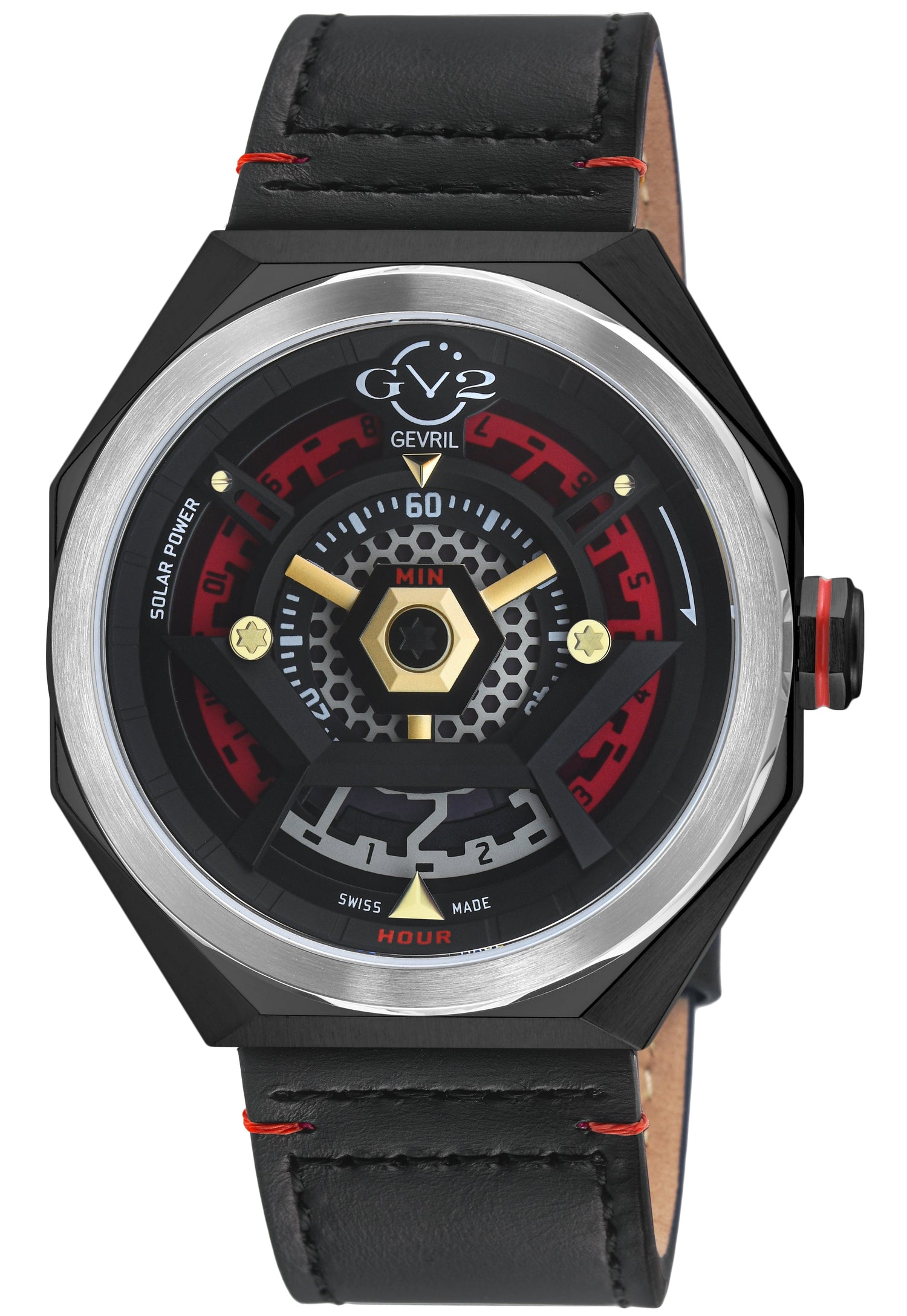 Black watch with red accents and a detailed face on a white background