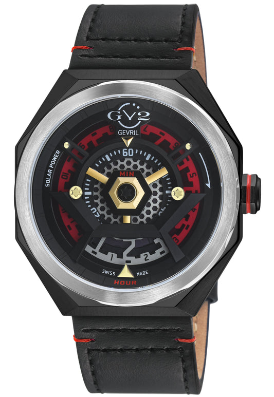 Black watch with red accents and a detailed face on a white background