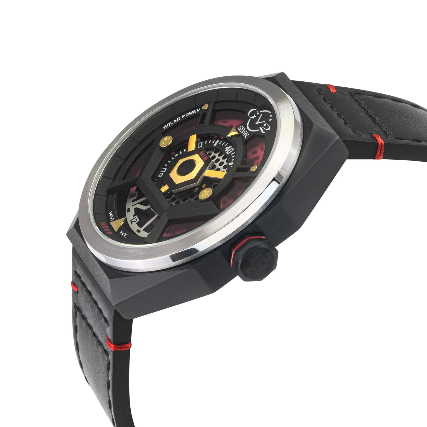Black and red watch with a detailed face on a white background