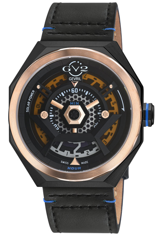 Luxury watch with black leather strap and rose gold case on white background