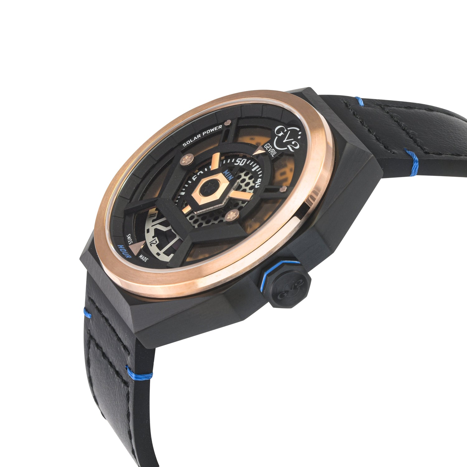 Luxury watch with black strap and rose gold case on white background