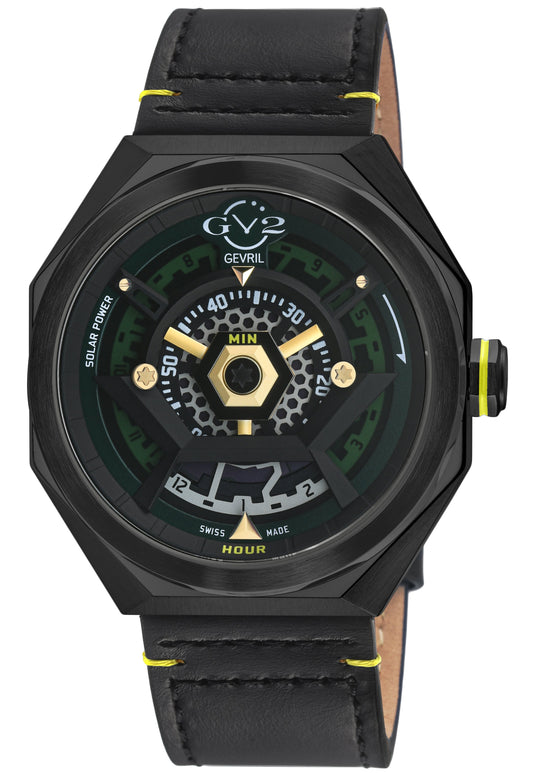 Black watch with green and gold details on a white background