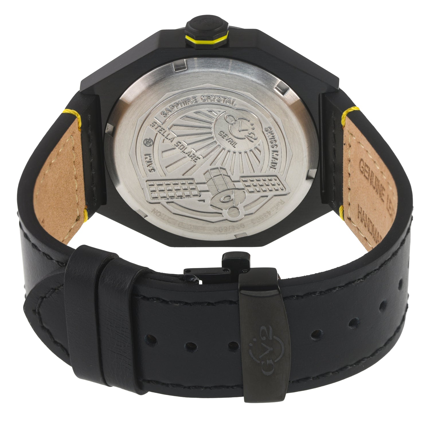 Back view of a black watch with a detailed metal back plate on a white background