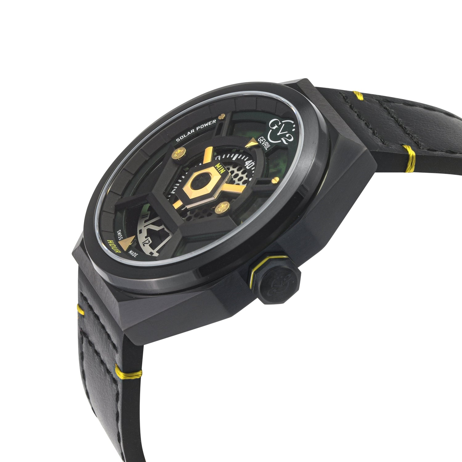 Black and yellow mechanical watch on a white background