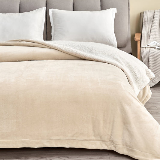 Ultra-Soft Velvet Plush Reversible Sherpa Fleece Blanket - Tan